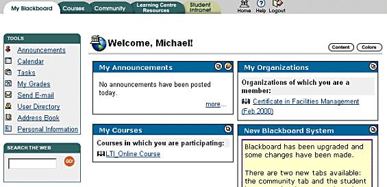The Welcome Page This is the screen you will see when you have successfully logged in to Blackboard. You may hear this screen referred to as the "My Blackboard" page.