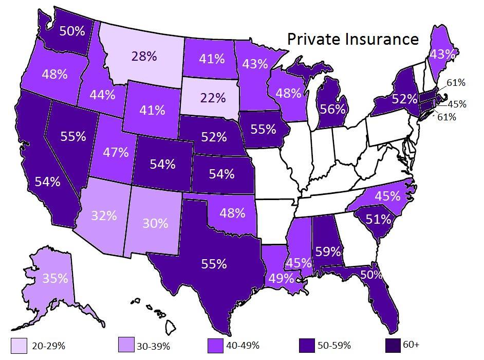 Figure 17 Percentage AIAN with Private Insurance by State Conclusion The availability of the American Community Survey s 3-year pooled data for 2008-2010 containing health insurance coverage (and