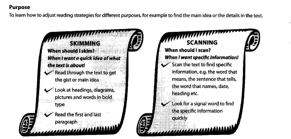 Skimming and Scanning Learning to Learn Skimming and Scanning Science Focus 1 Skimming Quiz p 118 Skimming helps you to get a quick idea about what is in the text. 1. What is the main heading on the page?