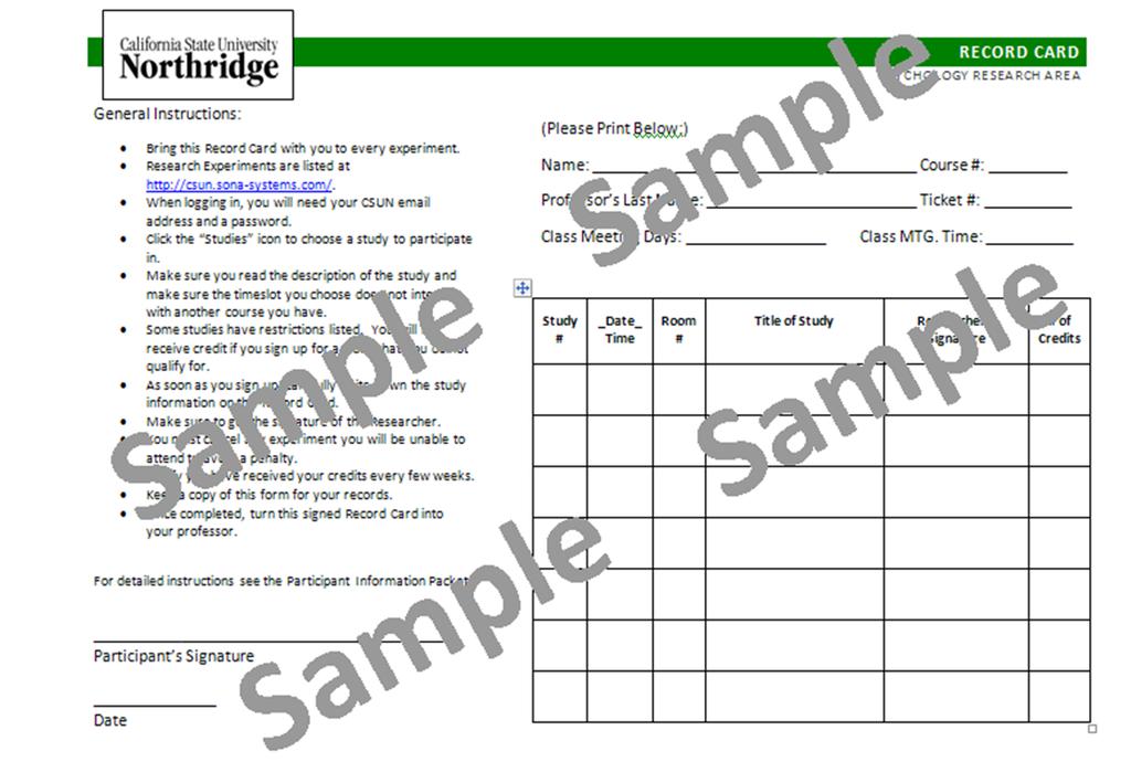 RECORD CARDS Below you will find a sample Record Card. Make sure that you keep a record of your study participation on a copy of one of these Record Cards.