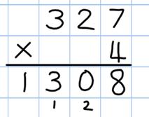 Introduce long multiplication for multiplying by 2 digits 18 x 3 on the 1st row (8 x 3 = 24, carrying the 2 for twenty, then 1 x 3).