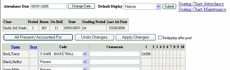 6. To view recorded attendance after applying changes, click the Redisplay after Post checkbox, before applying changes. Close the page to return to the Teacher Main.