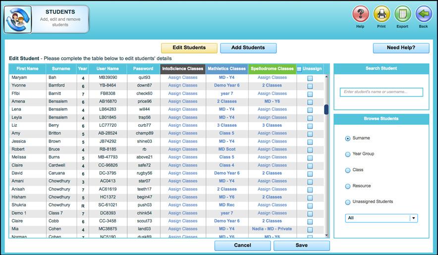 The area gives administrators the tools to manage all student and teacher accounts Editing Student Accounts In the section click Students this will bring you to the screen below. Click Edit Students.