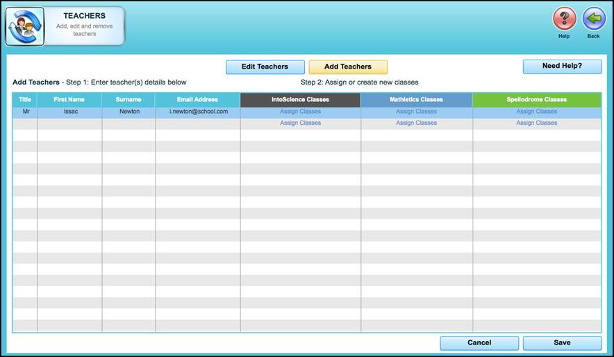 The area gives administrators the tools to manage all student and teacher accounts Adding Teachers In the section click Teachers this will bring you to the screen below. Click Add Teachers.