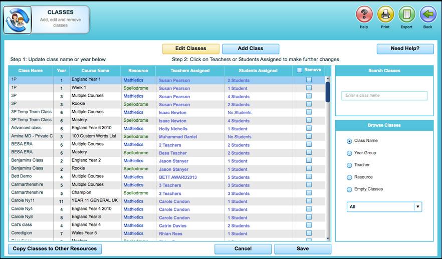 The area gives administrators the tools to manage all student and teacher accounts Adding & Editing Classes In the section click Classes to bring you to the screen below.