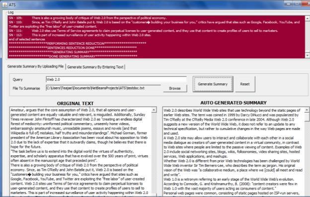 however, it is important to note that any article could be selected and used. Figure 4: GUI interface of our summarization system.