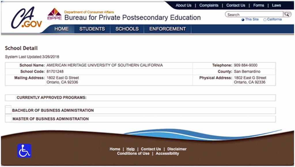 American Heritage University of Southern California's listing on the The Bureau for Private Postsecondary