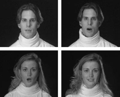Two-month-olds match phonetic information 193 Figure 1 Examples of the female and male faces articulating /a/ and /i/. (Sony SRS-A60) midway between the two images.
