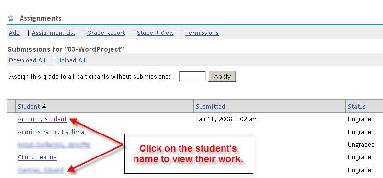 2. You will see a list of students who have submitted work for the