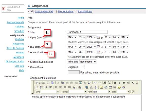 3. Enter the Assignment Title, Open, Due, Accept Until dates and assignment instructions. a. The Open Date is the date and time when an assignment becomes visible to your students.