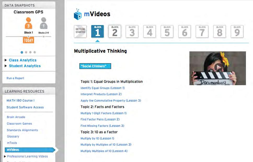 mvideos Click the mvideos link to open the MATH 180 mvideo Screen, which shows the MATH 180 Anchor Videos and Instructional Videos by Block and Topic.