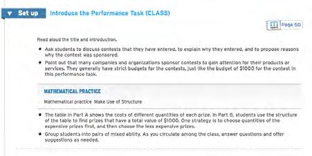 Set Up shows lesson plans and mspace links for introducing the Performance Task lesson.