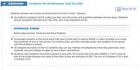 shows a four-point rubric for scoring student work on the Performance Task, as well as a notes