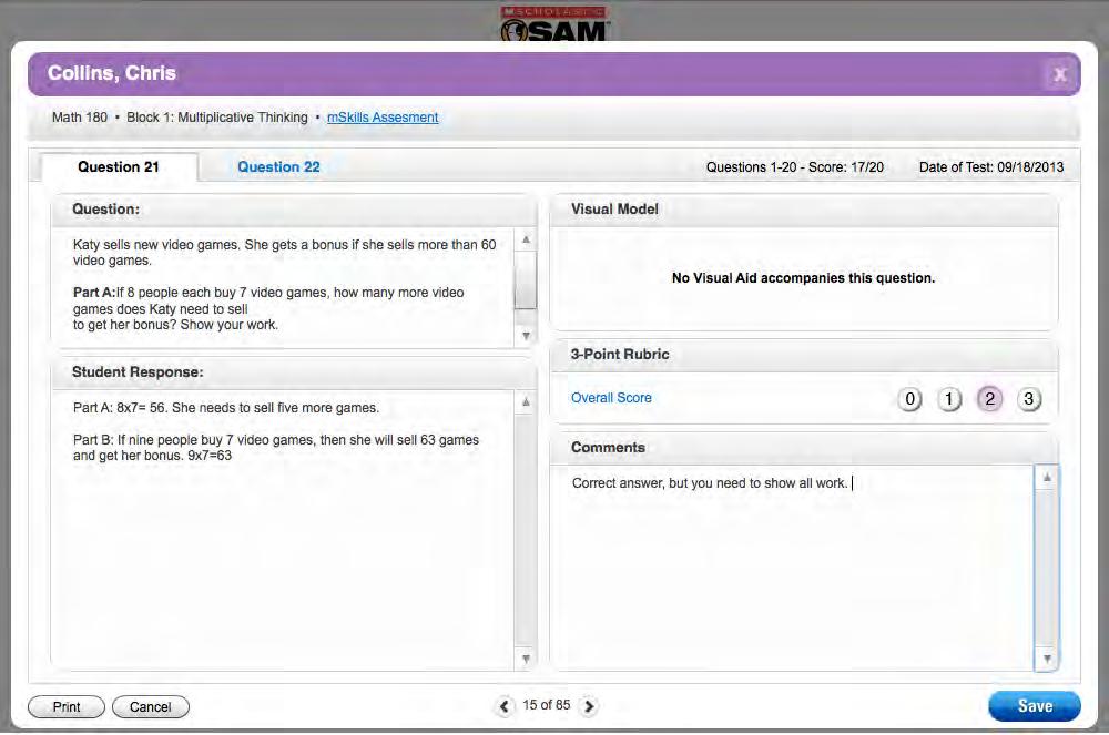 Detail View mskills Click the mskills Assessment in the main table to open the Detail View for the assessment, which shows student responses and work on mskills Assessment Computer Response Questions.