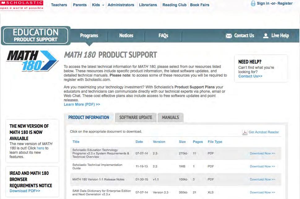 Technical Support For questions or other support needs, visit the MATH 180 Product Support website at: www.hmhco.com/math180/productsupport.