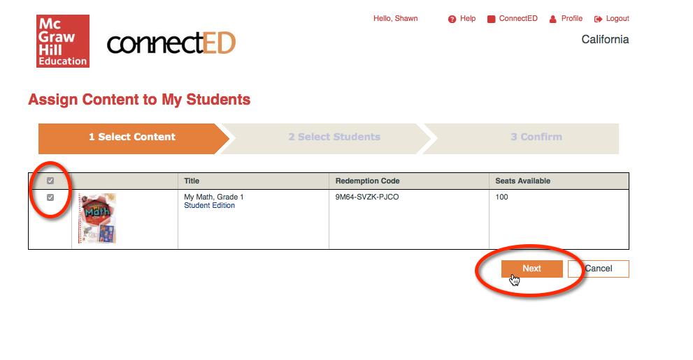 From the connected book bag, find the desired Student Edition and select Assign Content. 2.