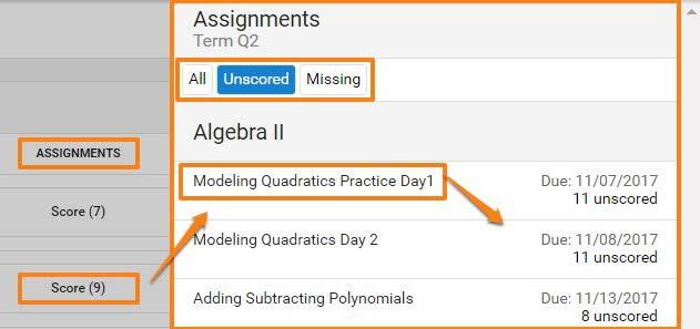 Selecting Assignments: Click Score for the appropriate section.