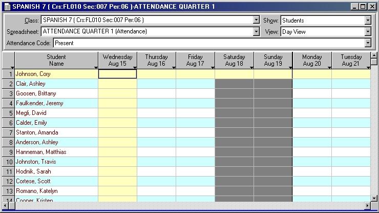 Taking and Exporting Attendance 1.) Select Class. 2.) Select current Attendance Spreadsheet. 3.) Enter A for Absent; or T for Tardy.