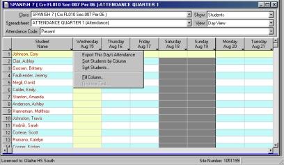 ) Click in the column heading of current day. 2.) Select Export This Day s Attendance. Remember this has to be done for each class every hour.