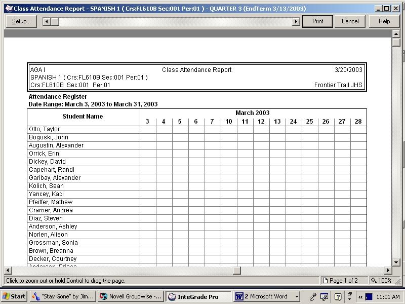 6. You now have a Class Attendance Report with dates indicated.