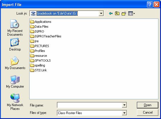 From the Look In drop-down box, choose the G: Drive. This is the drive where you will ALWAYS store your gradebook file.