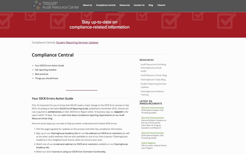 Compliance Central Proactively communicate awareness of FSA actions, issues, and priorities SSCR