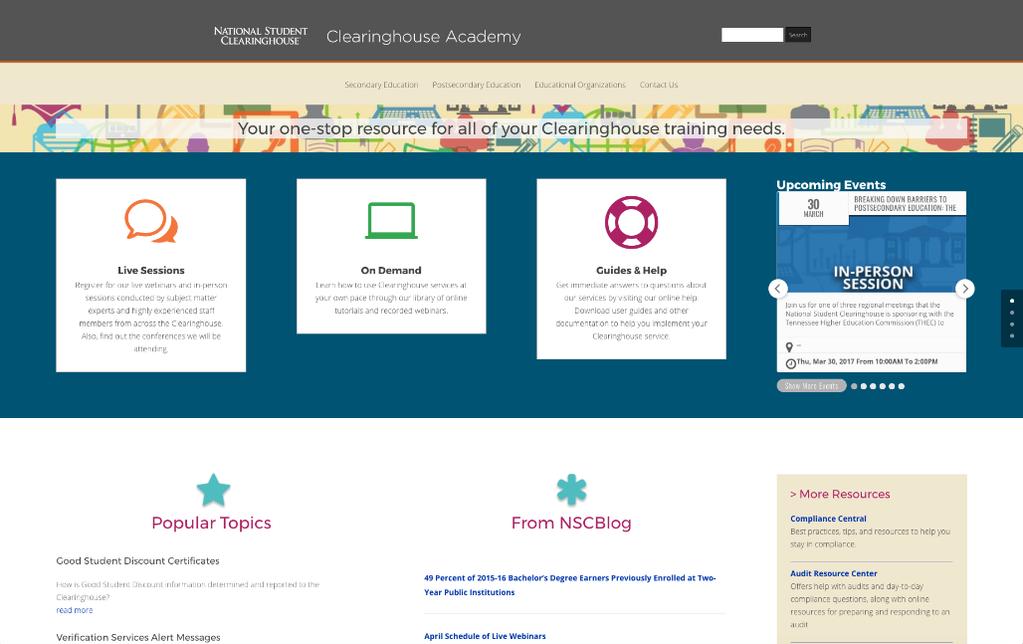 Clearinghouse Academy Live events and webinars Tutorials and recorded webinars