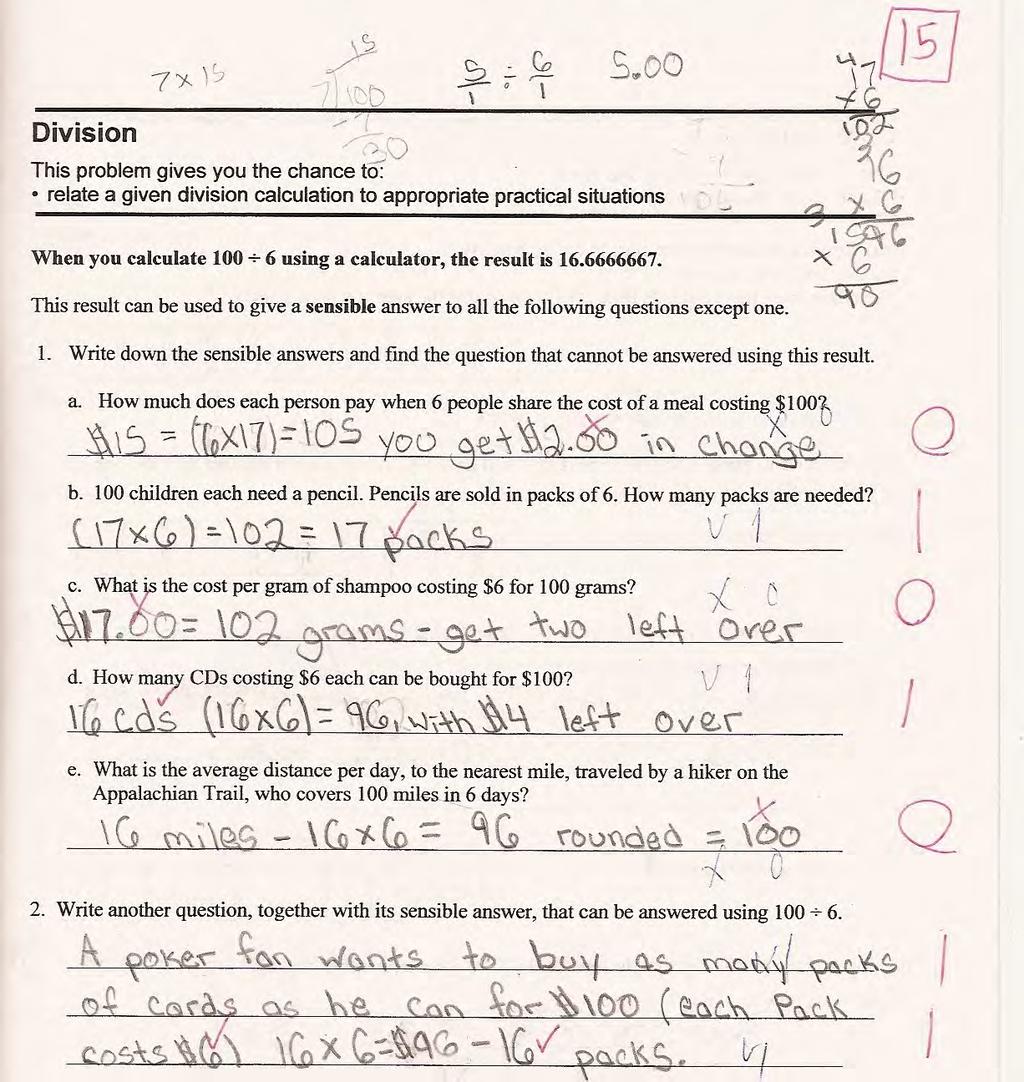 Student H does not appear comfortable with the process of division. The student needs to work each situation as a multiplication problem and to find the appropriate answers.