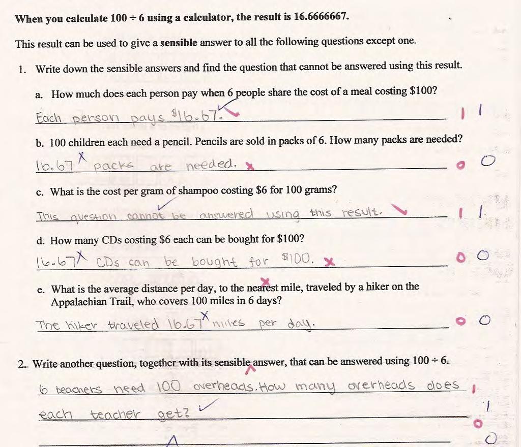 Student I uses the same rounded answer for every situation. The student has procedural knowledge, but has not learned the logic of division or an understanding of division in context.