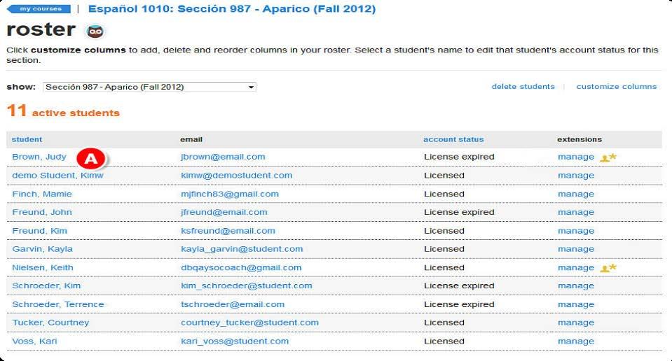 Section 2: Course and Section Creation Locating the Student Roster - Continued Click a student's name to