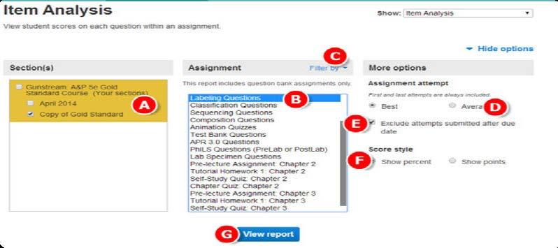 Choose from the current section, linked sections within the same course, and secondary instructors linked sections. Select one assignment----select one assignment to be displayed in the report.