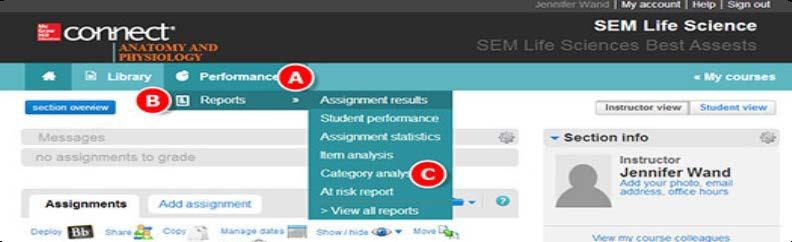 Section 8: Reports Running and Exporting Connect Reports - Continued Creating Category Analysis Reports Select the Performance tab. Hover over Reports. Click Category analysis. D. E. F. G. H. I.