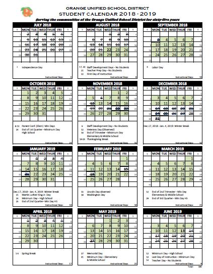 The features of the current Modified Traditional Track calendar model include: An 180 day student instructional year; School beginning before Labor Day; A one week recess at Thanksgiving; Three