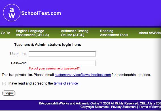 C. Login Screen After clicking on Login Here area (found on the AWSchoolTest homepage), you will access a login screen that requires you enter your username and password.