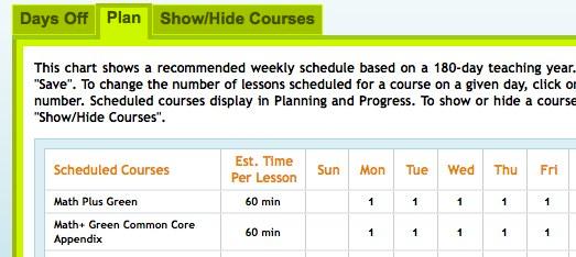 In the screenshot below, the default schedule set-up (one Common Core Appendix Lesson per school day) is displayed.