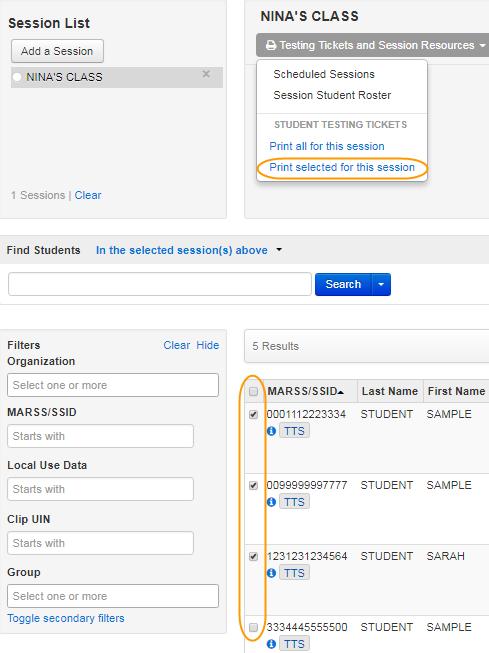 To print tickets for selected students in the test session, select the checkbox next to the student(s).