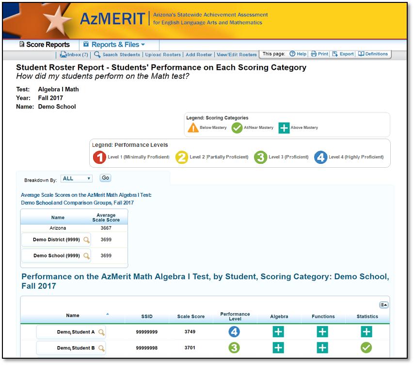 Viewing Score Reports The Student Listing Scoring Category Score Report differs from higher level scoring category reports in that it reports a student s name, student identification number, overall