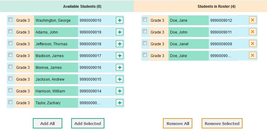 Working with Rosters of Students To move selected students to the roster, mark the checkboxes for the students you want to add, then click Add Selected.