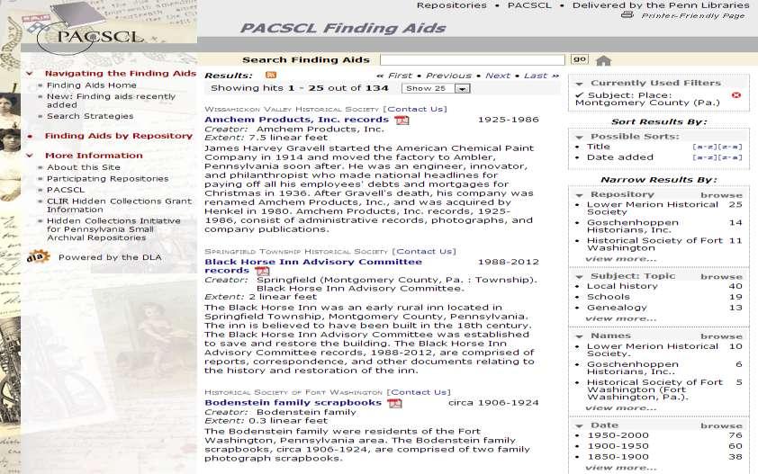 PACSCL Finding Aid Website Browsing Capabilities