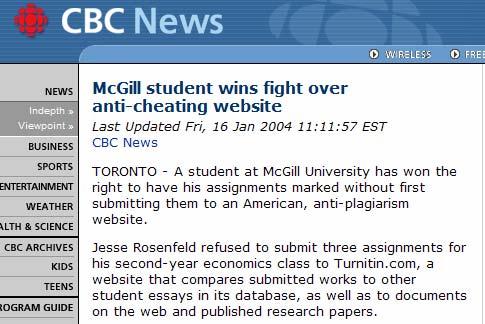 CBC News. (6 January ). McGill student wins fight over anti-cheating website.