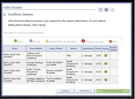 Confirm Classes Page The confirm classes page allows you to check your class selection(s) one last time