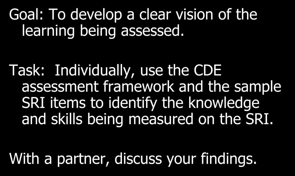 Task: Individually, use the CDE assessment framework and the sample SRI
