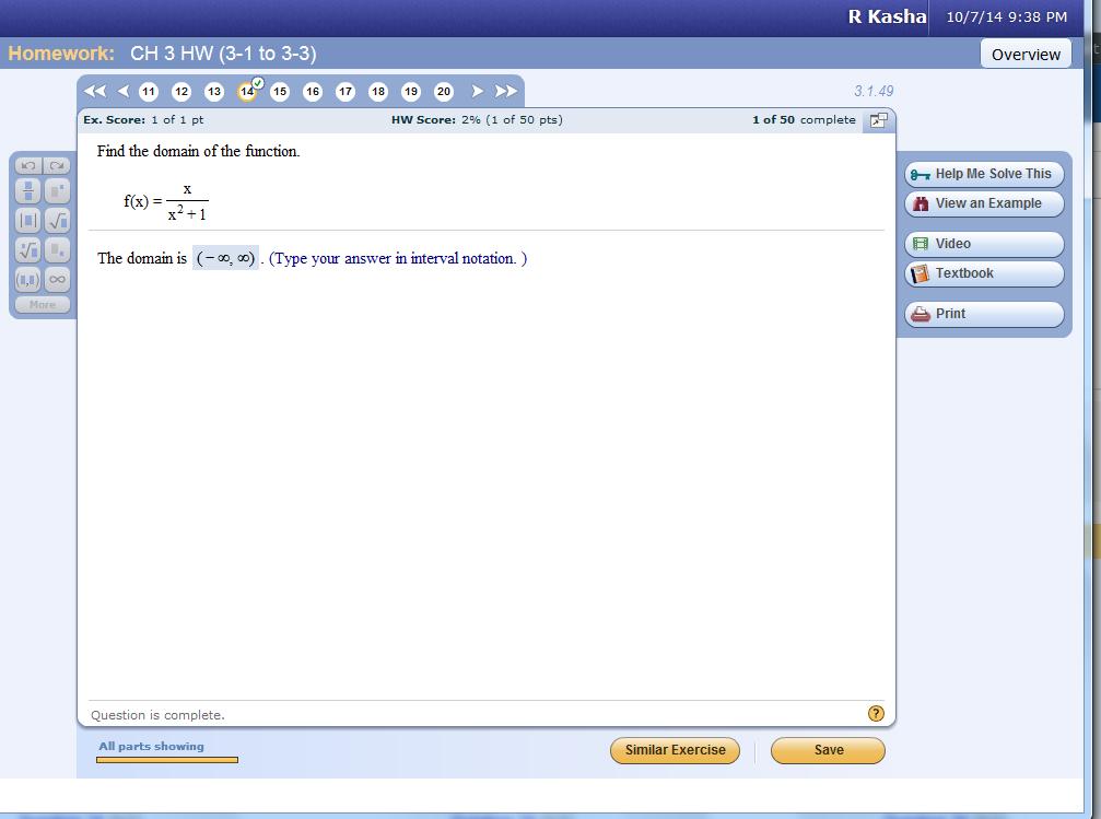 Screenshot of homework in MyMathLab (Pearson, n.d.).