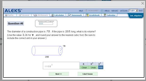 Screenshot of homework in ALEKS (ALEKS, n.d.