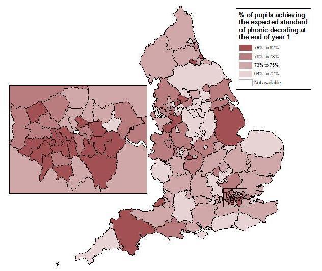 Figure 3: Local authority attainment Percentage of pupils meeting the standard of phonic decoding at the end of year 1, England, 2014 Figure 4 shows the percentage meeting the standard of phonic