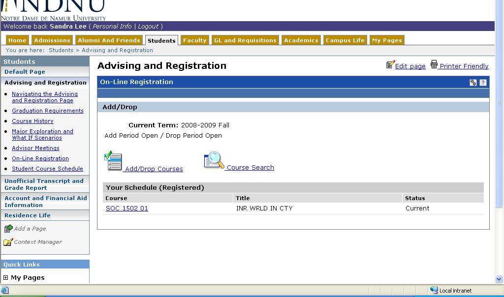 Step 2 Searching for Courses and Adding Fig. 3 On-Line Registration Click On-Line Registration in the sidebar (fig. 3) to view your schedule for the current term.