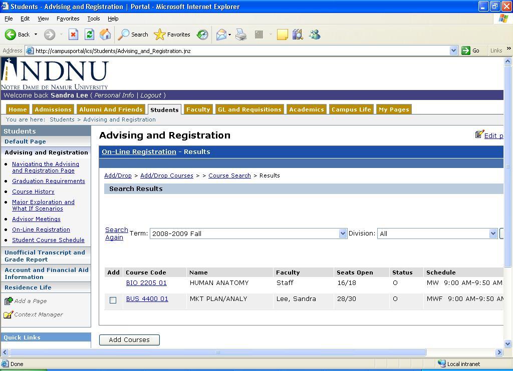 Fig. 6 Course Search Results After you choose your search details, a list of results is displayed.