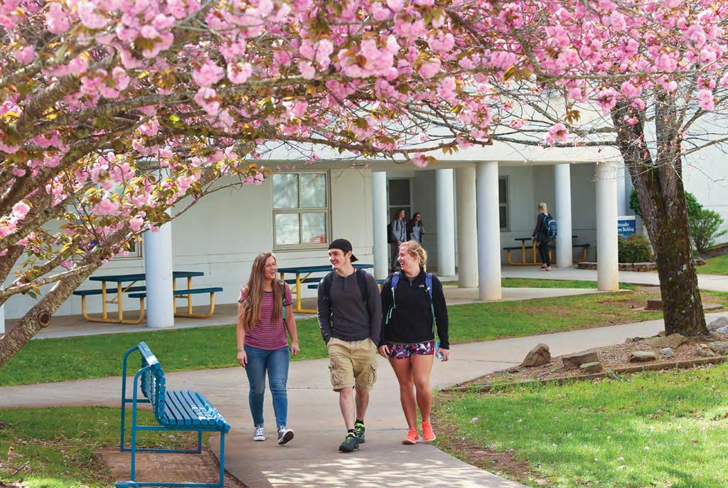 Students stroll through a campus in bloom as the coming of spring signals the end of another semester.