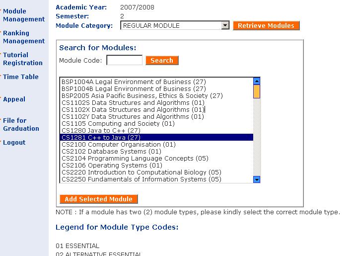 4.2.2 Select Module After you have obtained the list of modules of the module category you require, proceed to locate the module you want before adding it to your selection. 1.