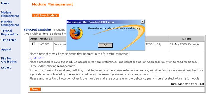 Figure 4-9. Alert box is displayed when no module is selected to drop 4. A confirmation screen will be displayed to inform student the module(s) that are selected to drop.
